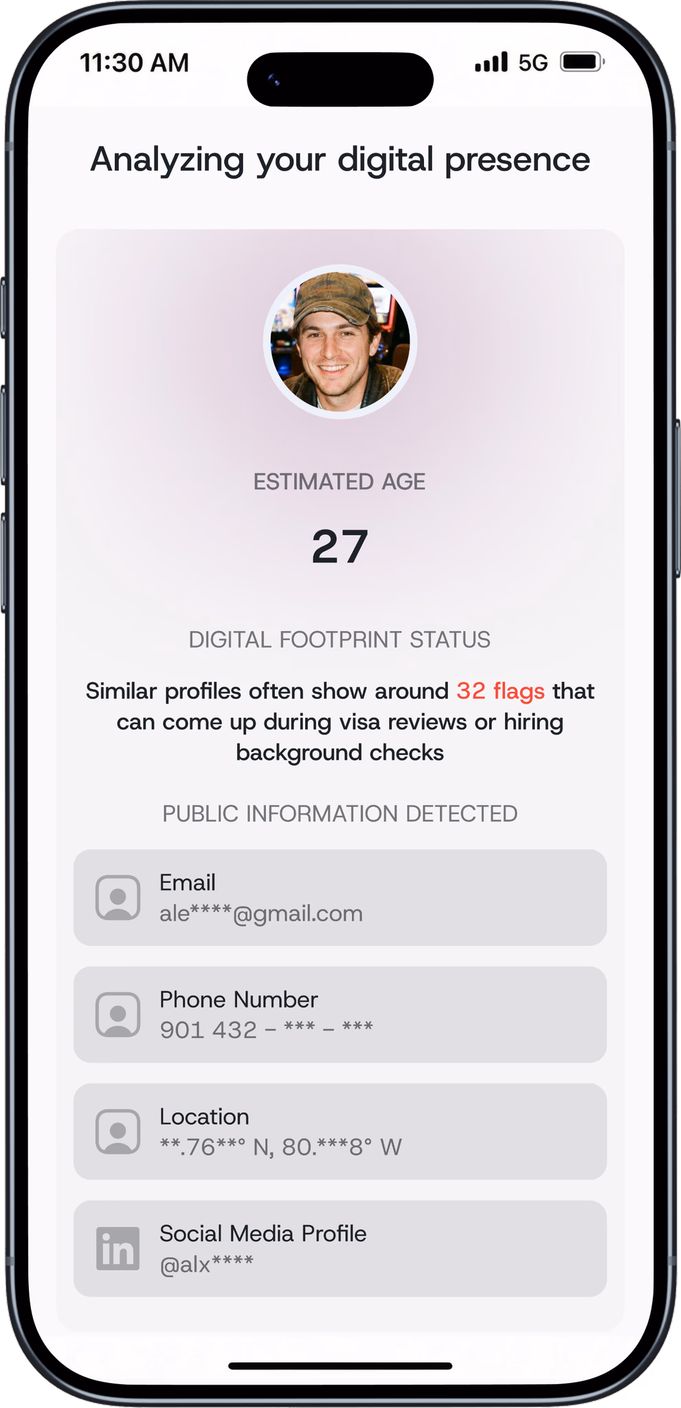 Phone showing the free preview: estimated age and detected public information